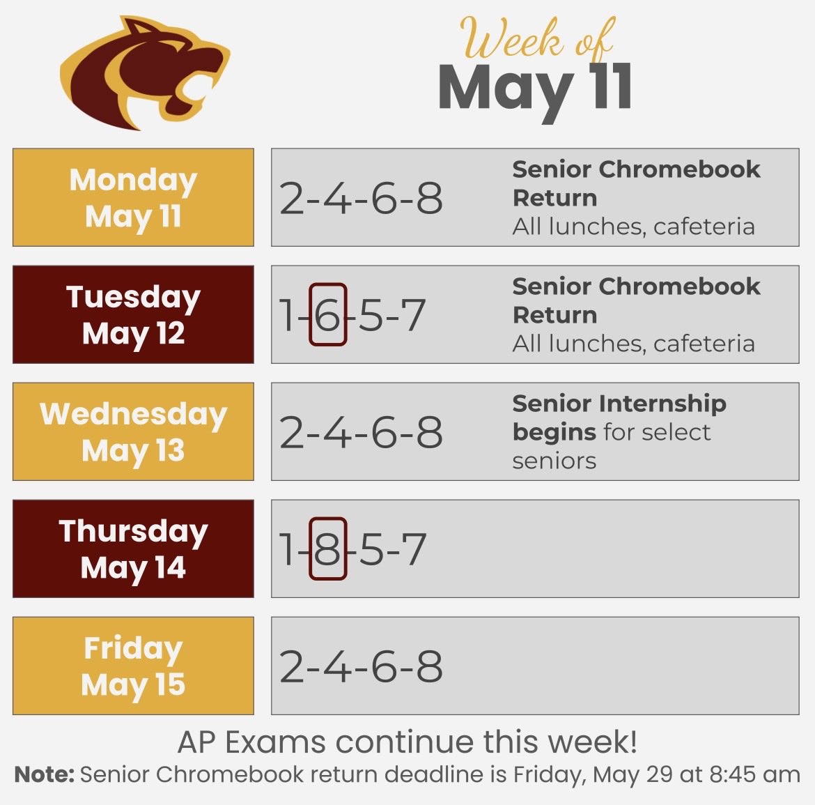 OaktonHS's tweet photo. Here’s the schedule for the week of May 11. AP exams continue this week. We also have our first two days of senior Chromebook return - deadline May 29 - and seniors who have been accepted begin their internships on Weds. Have a great week, Cougars! #Oaktoncalendar #WEAREOAKTON https://t.co/yPEJdwc0Bk