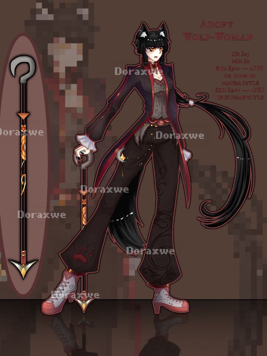 Doraxxxwe's tweet photo. Adoptable is open!
Auction link: https://t.co/AgVUhYLXoL
SB: $15
MB: $2
$20+ — PFP in chibi style or chibi
$30+ — PFP in style like this
#adoptable #adopt #characterdesing #wolfwoman https://t.co/dE1luXYcX5