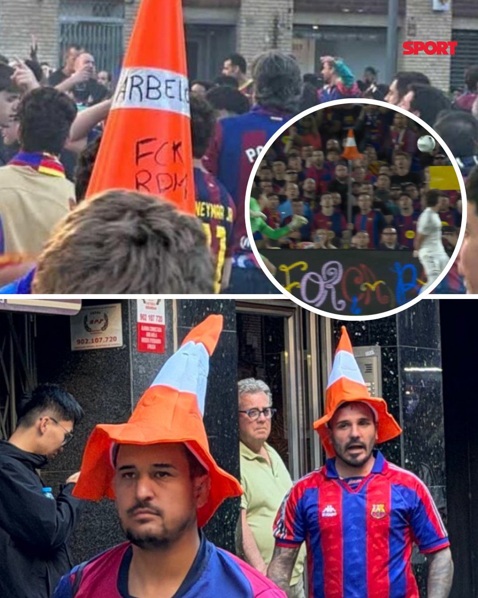 sport's tweet photo. 😂 Algunos culés aparecieron con conos en la cabeza, en referencia a la famosa broma de Gerard Piqué hacia Álvaro Arbeloa: el mítico ❞𝐜𝐨𝐧𝐨-𝐜𝐢𝐝𝐨❞ https://t.co/DZ7RChuaAs