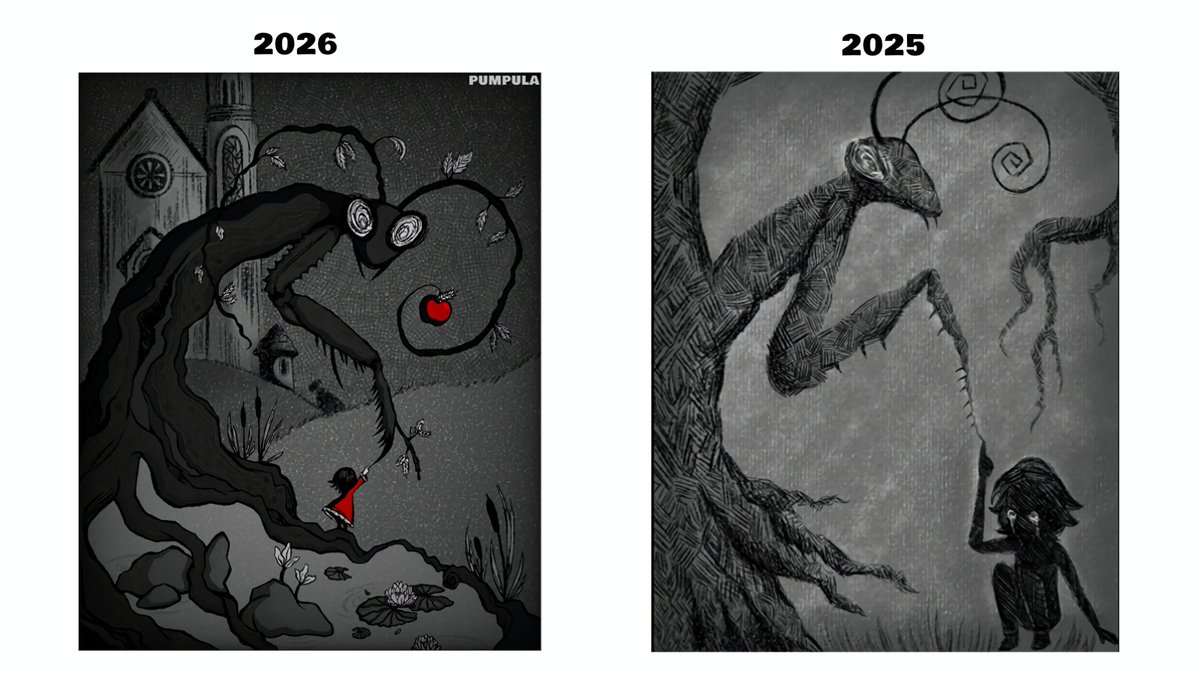 Pumpulai's tweet photo. 2025 vs 2026

A lot of artists have a drawing that they draw each year to see their improvement so I think this will be mine 🍎

#artmoots #moots #smallartist #ibispaint #digitalart #artimprovement #oc https://t.co/P3Y7XR4hdw