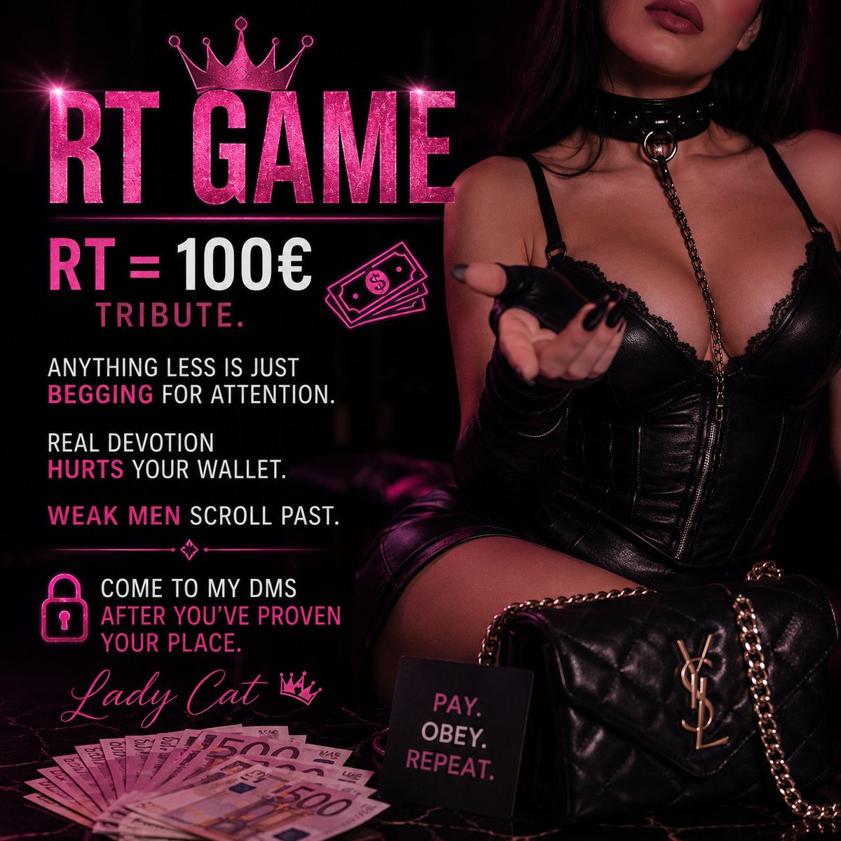 ladycat6666's tweet photo. RT = 100€ Tribute. 💸
Anything less is just begging for attention.
Real devotion hurts your wallet.
Weak men scroll past. 😈
Come to my DMs after you’ve proven your place.
#findom #paypig #cashslave #financialdomination #tribute #moneycontrol #domina #femdom #paymore #bossenergy https://t.co/Tjcx2YJ7NL