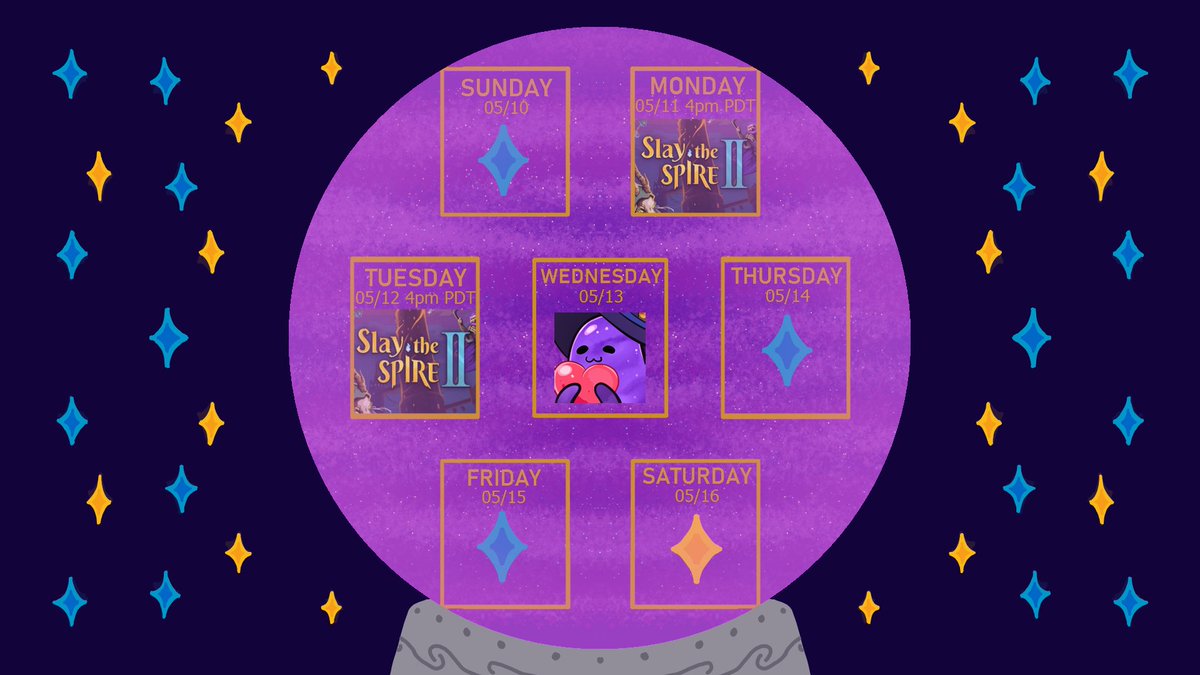 SwirlTheSlime's tweet photo. A little late on the schedule but here it is! Might play something on Friday as well, maybe Hades or something else that catches my attention.

Monday 05/11 4pm PDT - Slay The Spire 2 
Tuesday 05/12 4pm PDT - Slay The Spire 2 https://t.co/lMTAkYJO1u