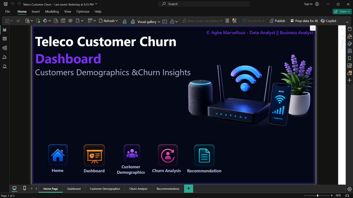 AgheMarvel83922's tweet photo. THE DASHBOARD IS LIVE.

From cleaning 7k+ customer records to building visuals, KPIs, insights, and recommendations in Power BI  this Telco Customer Churn project is finally complete.

Now onto the @TechSphereAcad  Capstone Project. Let’s create more wonders. https://t.co/OI3IfhveQz