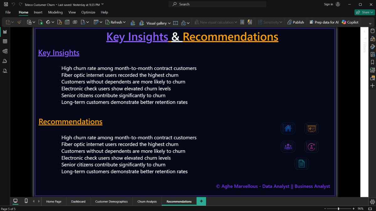 AgheMarvel83922's tweet photo. THE DASHBOARD IS LIVE.

From cleaning 7k+ customer records to building visuals, KPIs, insights, and recommendations in Power BI  this Telco Customer Churn project is finally complete.

Now onto the @TechSphereAcad  Capstone Project. Let’s create more wonders. https://t.co/OI3IfhveQz