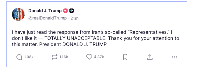 vvanwilgenburg's tweet photo. President Trump: "I have just read the response from Iran’s so-called “Representatives.” I don’t like it — TOTALLY UNACCEPTABLE!" https://t.co/nUSj0qoKsr