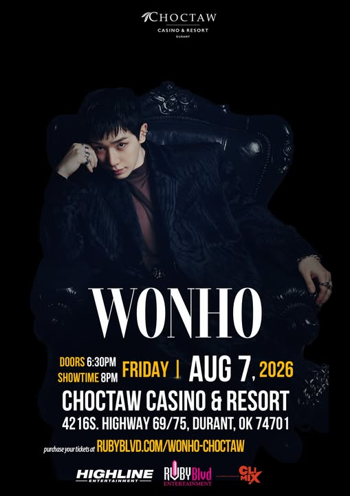 WONHO_GLOBAL's tweet photo. [CONCERT]

26.05.11

WENEEs, these are the current confirmed concerts in the U.S. :

📍Grand Theater at Choctaw Casinos & Resorts, Durant, OK, USA🇺🇸
📅 August 7, 2026
🎟️Tickets already on sale on Ticketmaster:
🔗https://t.co/RfZh9TZzFZ

📍 Harrah's Cherokee Casino Resort, North Carolina, USA 🇺🇸
📅August 9, 2026
🎟️No ticket sales announcement yet.

#원호 #WONHO #ウォノ
@official__wonho @official_WH_jp