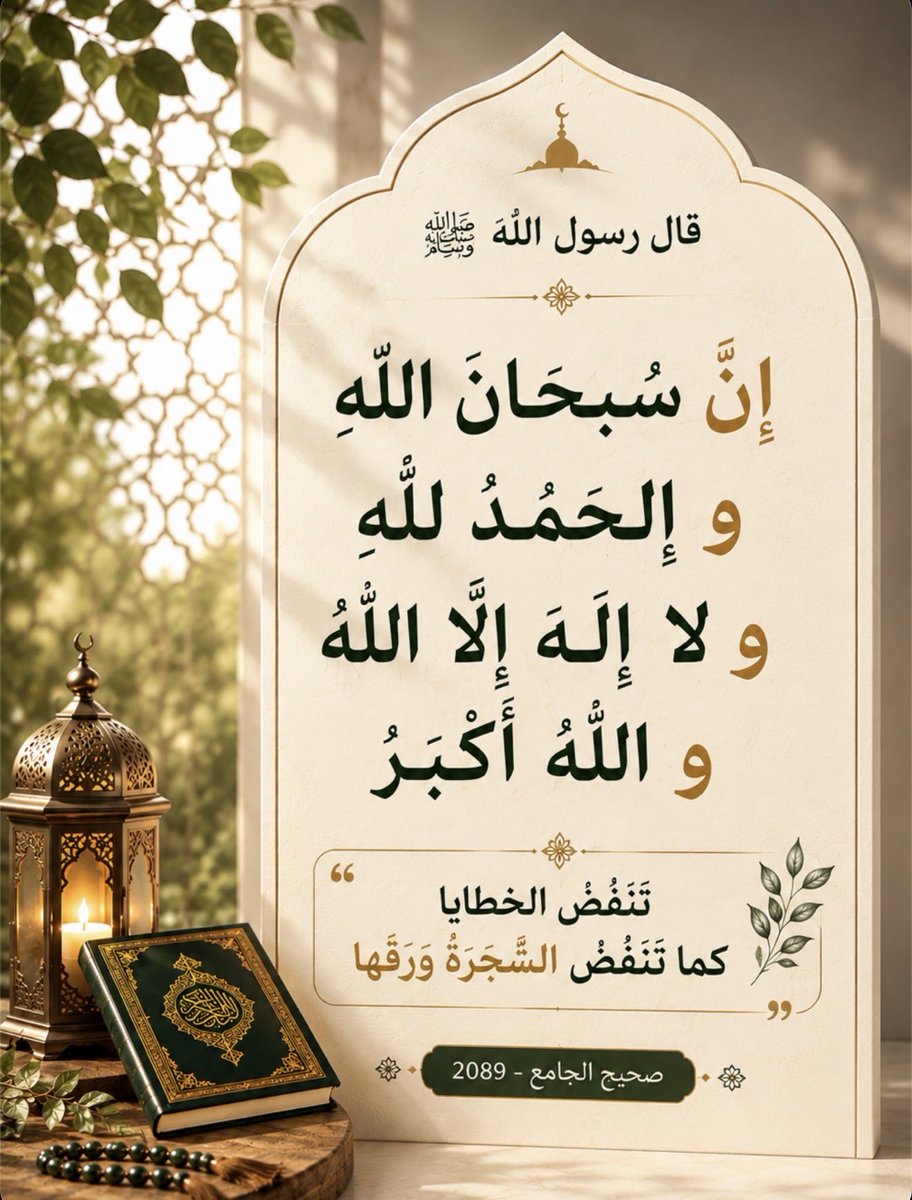 al7deethals7ee7's tweet photo. قال رسول الله ﷺ:

" إنَّ سبحانَ اللهِ و الحمدُ للهِ و لا إلهَ إلَّا اللهُ ، و اللهُ أكبرُ تَنفُضُ الخطايا كما تَنفُضُ الشَّجَرةُ ورَقَها ".

صحيح الجامع - 2089 https://t.co/8RhZHbE1Us