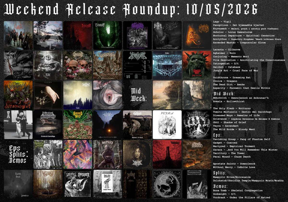 sEYEmon's tweet photo. Weekend Release Roundup - 10/05/26 
#Blackmetal #DeathMetal 

Support @KMANRIFFSMetal 
https://t.co/NDgArPfh4E https://t.co/fq5MdQt2Ti