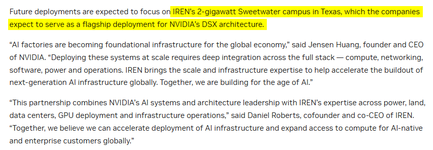 moneywolf_gr's tweet photo. 👉Sweetwater becomes the primary global showcase for NVIDIA’s DSX AI‑factory architecture
NVIDIA explicitly stated that $IREN’s 2‑gigawatt Sweetwater campus in Texas will serve as the flagship deployment for DSX. This is not a small detail. https://t.co/EK0QHKzSWN