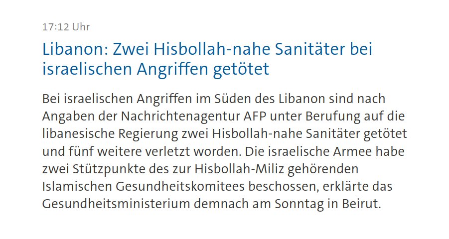 Die Formulierung "Hisbollah-nahe Sanitäter" ist ein neuer Tiefpunkt in der Propaganda zur Unterstützung der israelischen Kriegsverbrechen und Angriffskriege, die das staatsnahe deutsche Medienorgan "ARD" verbreitet.