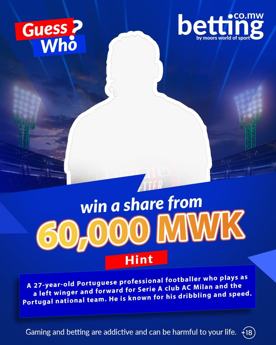 MWOSMalawi's tweet photo. It's time to Guess & Win a Share of 60,000 MWK in #Freebets!
๐ฐ 30 Lucky Winners get 2,000 MWK Freebet Each
How to Play:
โ
Drop the correct answer
โ
Like, tag ๐ฏโโ๏ธ & share
โ
Include your User ID
๐Bet Responsibly.
#MWOS #MWOSMalawi #TheHomeOfSports #guesstheplayer #quiztime https://t.co/KbdGyP57LJ