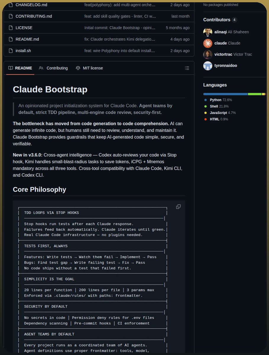 Screenshot of Claude Bootstrap showing TDD stop hooks, security defaults, and coordinated agent teams in a Claude Code setup