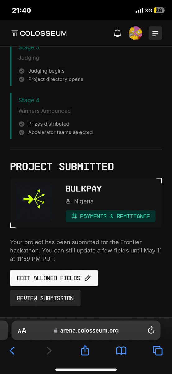 bulkpayapp's tweet photo. Officially submitted the bulkpay project to colosseum, let’s win this https://t.co/sTIZeffsPP