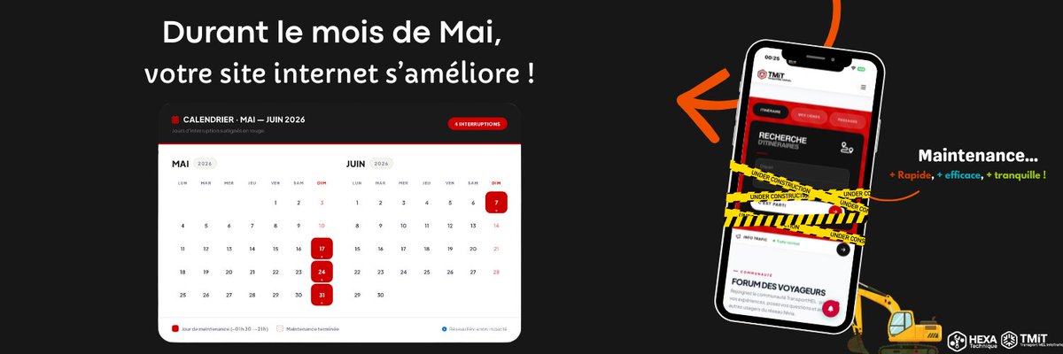 groupehexa's tweet photo. 🚧 Durant le mois de Mai &amp; début Juin, les équipes Hexa organisent une maintenance chaque dimanche sur le site internet @transportmel. 17 - 24 - 31 Mai &amp; 7 Juin sont concernés par ces inaccessibilités du site internet. + d'info ���
 🪢https://t.co/bxw1zMwjbC https://t.co/hoLRSh9Gxg