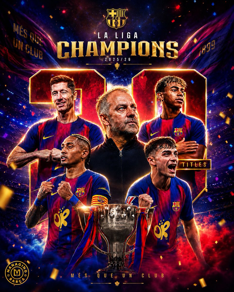 ManagingBarca's tweet photo. 🚨🏆| OFFICIAL: FC BARCELONA ARE THE 𝐂𝐇𝐀𝐌𝐏𝐈𝐎𝐍𝐒 𝐎𝐅 𝐒𝐏𝐀𝐈𝐍! REAL MADRID ARE HUMILIATED WITH A HISTORIC EL CLASICO DEFEAT! 💙❤️🔥✅

𝟐𝟗 𝐋𝐄𝐀𝐆𝐔𝐄 𝐓𝐈𝐓𝐋𝐄𝐒! 😮‍💨 https://t.co/Q1o9qcmt1y