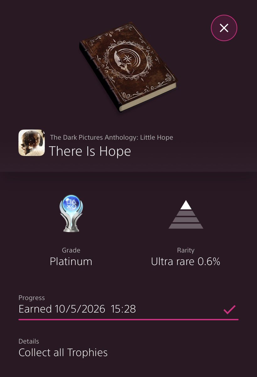 DanniMay91's tweet photo. 🏆 Platinum 122 - The Dark Pictures Anthology: Little Hope 🏆

I’m very quickly becoming a big fan of these games after recently playing Man Of Medan & now this! 

I love both games but I think I actually prefer the story on this one, I love all of the witch trial stuff and I loved hearing the northern accents! 

Highly recommend you play it if you get the chance! 🎮