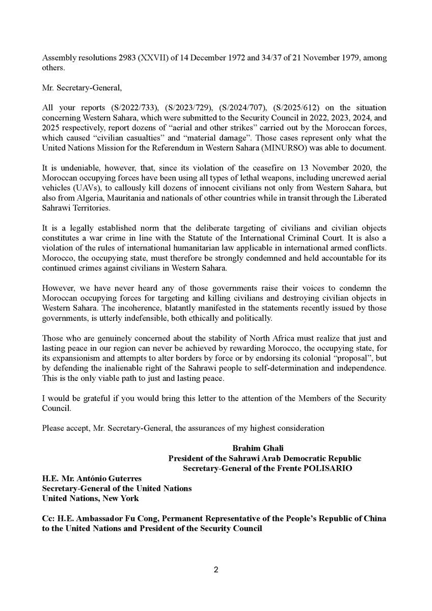 SidiOmarNY's tweet photo. President of the Sahrawi Republic🇪🇭 &amp; Secretary-General of Frente #POLISARIO, Mr. Brahim Ghali, sent a letter to UNSG🇺🇳, Mr. António Guterres, expressing Frente POLISARIO’s strongest condemnation of the  irresponsible &amp; inaccurate statements recently issued by some  governments. https://t.co/0UkOEcFkeM