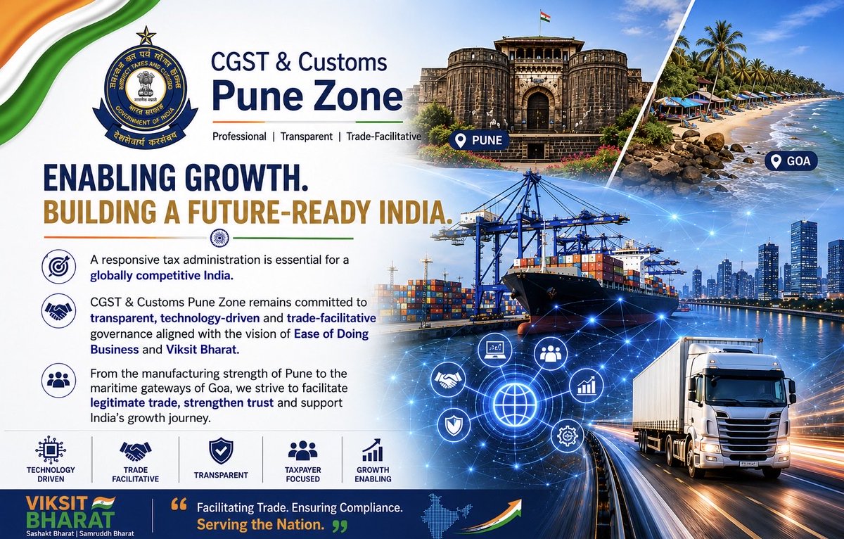 cgstcuspunezone's tweet photo. CGST &amp; Customs Pune Zone remains committed to transparent, technology-driven and trade-facilitative governance aligned with the vision of Ease of Doing Business and Viksit Bharat.

#Tradefacilitation #DigitalIndia https://t.co/cifeWvXS4d