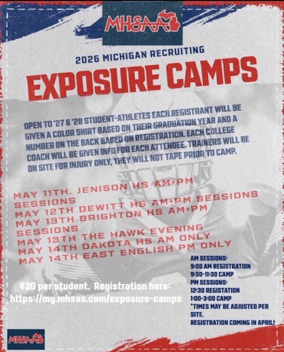 obooker_55's tweet photo. I will be attending the MHSAA Exposure Camp on May 11th at 9:30! I’m excited to get the opportunity to compete and build relationships with the coaches!

@MIexposure @PrepRedzoneMI @MichFBFrenzy @TheD_Zone @alex_pallone @svlsports @fbcoachmac https://t.co/NDzFd2NZEJ