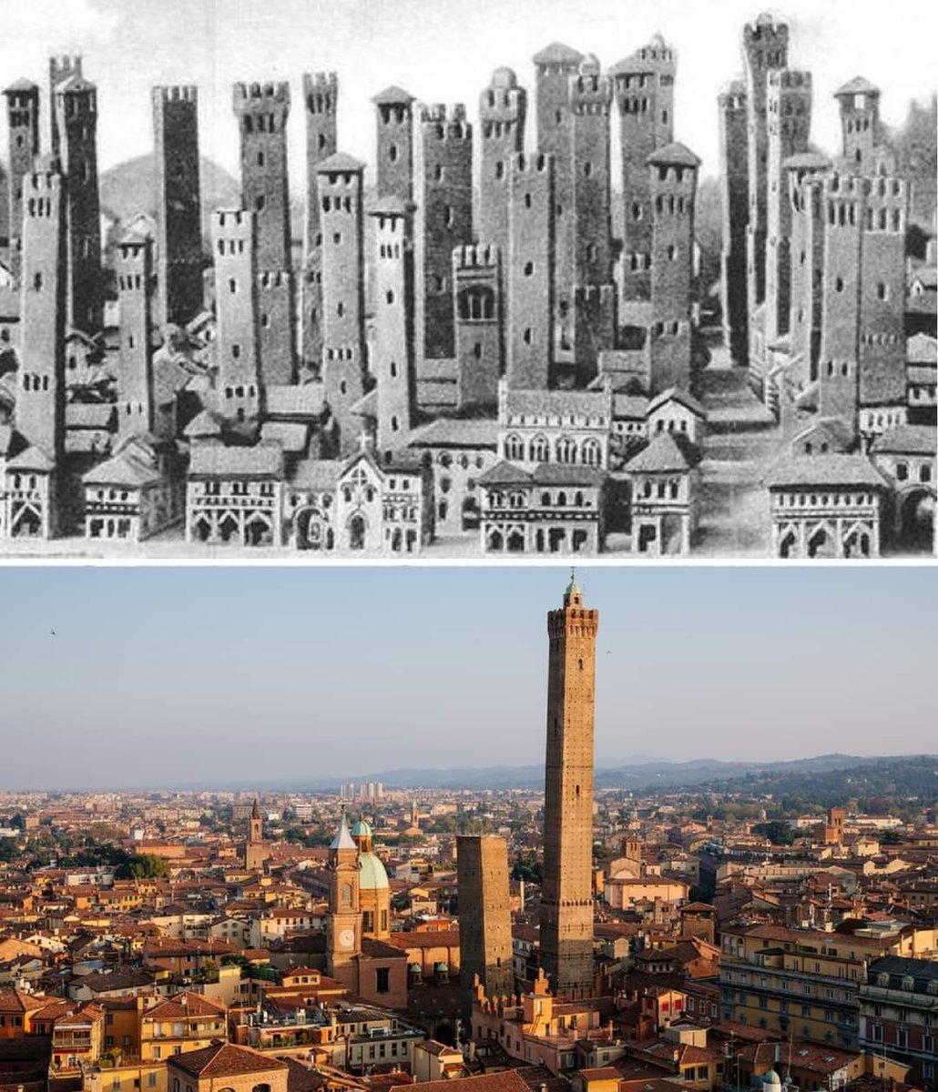 Bologna, Italy — once a city of towers.

In the Middle Ages, Bologna’s skyline was filled with dozens of tall stone towers built by powerful families for status, defense, and control. Older estimates claimed as many as 180 towers, though modern studies suggest the number may have