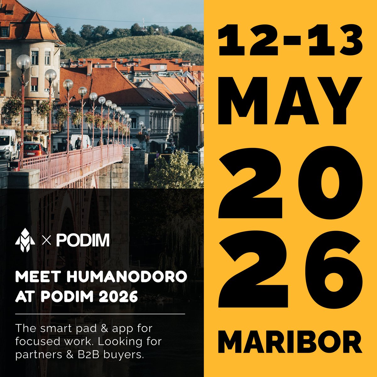 humanodoro's tweet photo. Humanodoro is heading to PODIM 2026.

12-13 May, Maribor. Place your phone on our smart pad, distracting apps lock, the focus session runs. Used daily, at home and at the office.

Looking for new partners and B2B buyers.

Come say hi. 👋

#PODIM2026 #Humanodoro https://t.co/ajfh6AtVPh