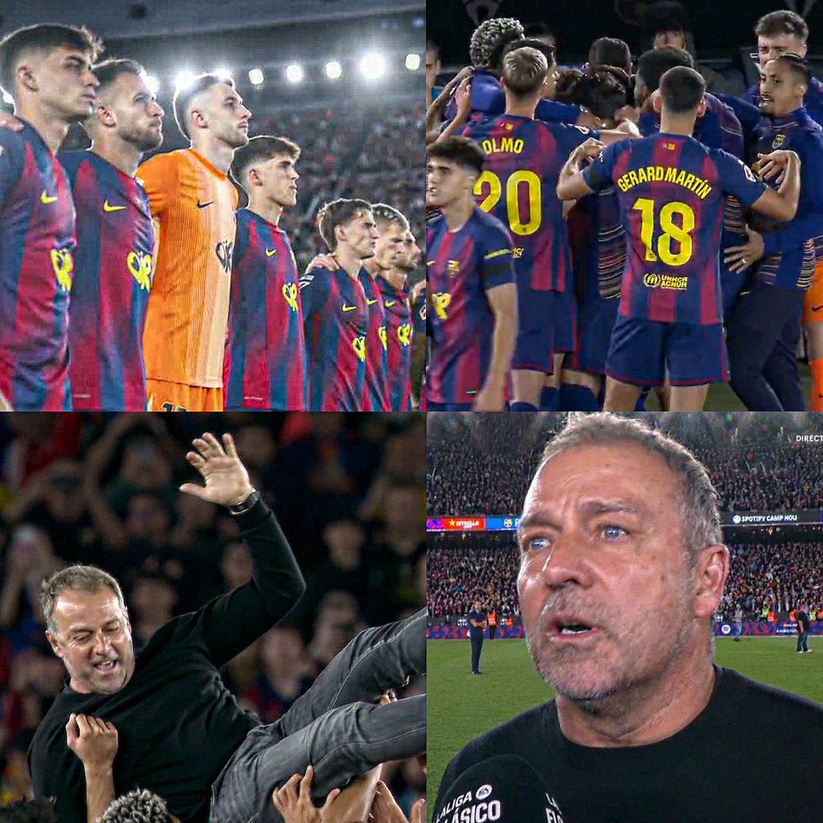 Qué lindo cuando ganas por tus hinchas, por tu equipo, pero también, por tu entrenador.

Hoy, los jugadores del Barça hicieron que todo el partido del título contra el Real Madrid fuera un homenaje a su entrenador Hansi Flick, cuyo padre falleció unas horas antes del juego.
