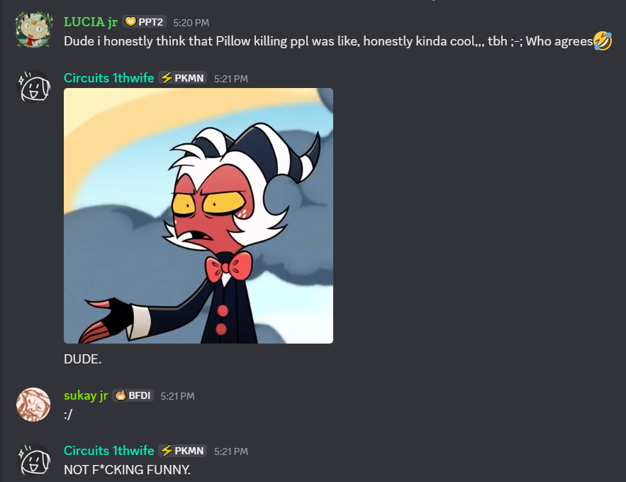 kiwimeephu's tweet photo. Why is the bfdi htwins server so... uh... yknow. https://t.co/j7Wj9Iua4N