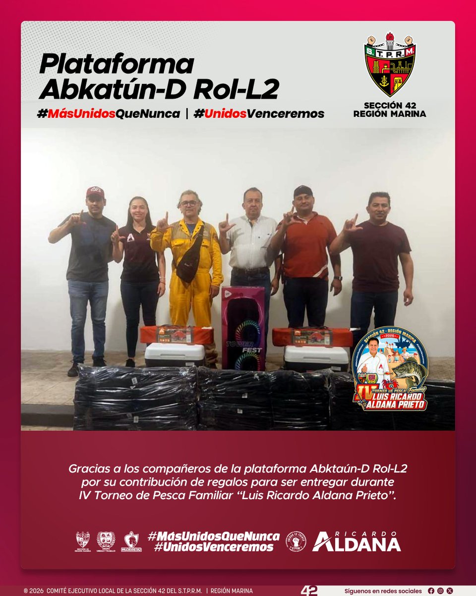 Seccion42_STPRM's tweet photo. A lo largo del fin de semana continuaron acercándose compañeras, compañeros y guardias de plataformas para entregar sus regalos con total entusiasmo y compromiso. 

La generosidad mostrada este año ha superado todas las expectativas, recordándonos que la solidaridad es uno de los valores más fuertes de nuestra base trabajadora. Cada aportación será compartida gratuitamente con las y los trabajadores y sus familias durante el IV Torneo de Pesca Familiar “Luis Ricardo Aldana Prieto”, haciendo de este encuentro una verdadera celebración comunitaria. 

Nuestro líder Luis Gerardo Pérez Sánchez agradece profundamente estas contribuciones que hacen posible mantener viva esta tradición.

#SomosSTPRM
#MásUnidosQueNunca
#UnidosVenceremos
@lgps03101
@MarcoAzuara1
