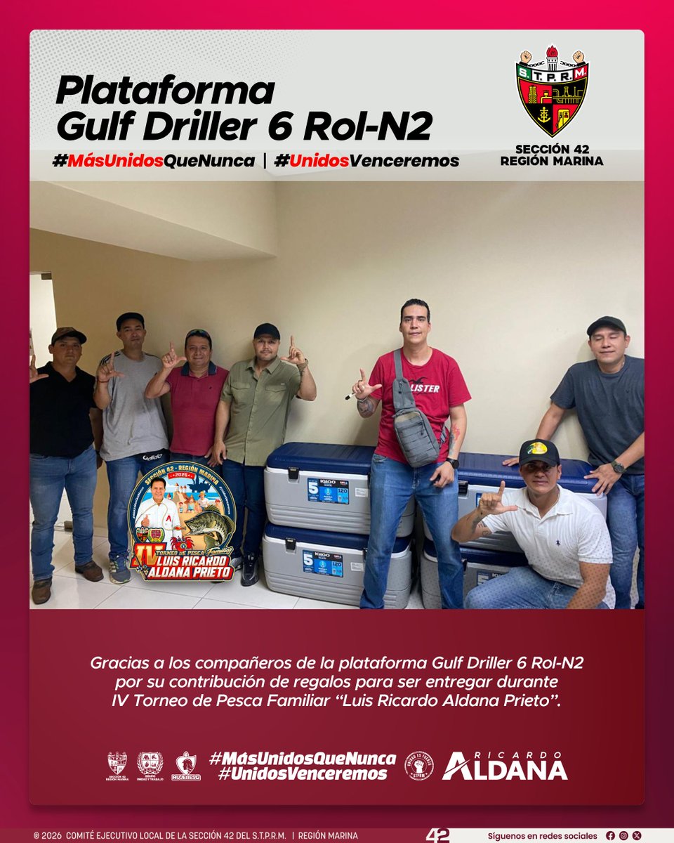 Seccion42_STPRM's tweet photo. A lo largo del fin de semana continuaron acercándose compañeras, compañeros y guardias de plataformas para entregar sus regalos con total entusiasmo y compromiso. 

La generosidad mostrada este año ha superado todas las expectativas, recordándonos que la solidaridad es uno de los valores más fuertes de nuestra base trabajadora. Cada aportación será compartida gratuitamente con las y los trabajadores y sus familias durante el IV Torneo de Pesca Familiar “Luis Ricardo Aldana Prieto”, haciendo de este encuentro una verdadera celebración comunitaria. 

Nuestro líder Luis Gerardo Pérez Sánchez agradece profundamente estas contribuciones que hacen posible mantener viva esta tradición.

#SomosSTPRM
#MásUnidosQueNunca
#UnidosVenceremos
@lgps03101
@MarcoAzuara1