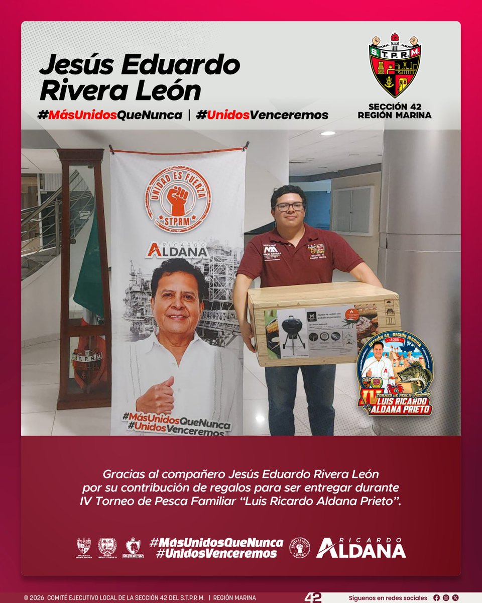 Seccion42_STPRM's tweet photo. A lo largo del fin de semana continuaron acercándose compañeras, compañeros y guardias de plataformas para entregar sus regalos con total entusiasmo y compromiso. 

La generosidad mostrada este año ha superado todas las expectativas, recordándonos que la solidaridad es uno de los valores más fuertes de nuestra base trabajadora. Cada aportación será compartida gratuitamente con las y los trabajadores y sus familias durante el IV Torneo de Pesca Familiar “Luis Ricardo Aldana Prieto”, haciendo de este encuentro una verdadera celebración comunitaria. 

Nuestro líder Luis Gerardo Pérez Sánchez agradece profundamente estas contribuciones que hacen posible mantener viva esta tradición.

#SomosSTPRM
#MásUnidosQueNunca
#UnidosVenceremos
@lgps03101
@MarcoAzuara1
