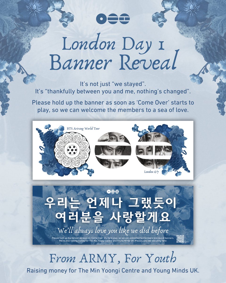 BTS London day 1 banner reveal!  👀

Tysm to <a href="/BorahaeArts/">Meike⁷ | borahae arts</a> for the absolutely amazing traditional artwork she created for this banner - it’s stunning!!

Also a HUGE thank you to you all for FULLY FUNDING these banners, so everyone will get one on the day! 👏🏻

I hope you like it 💜