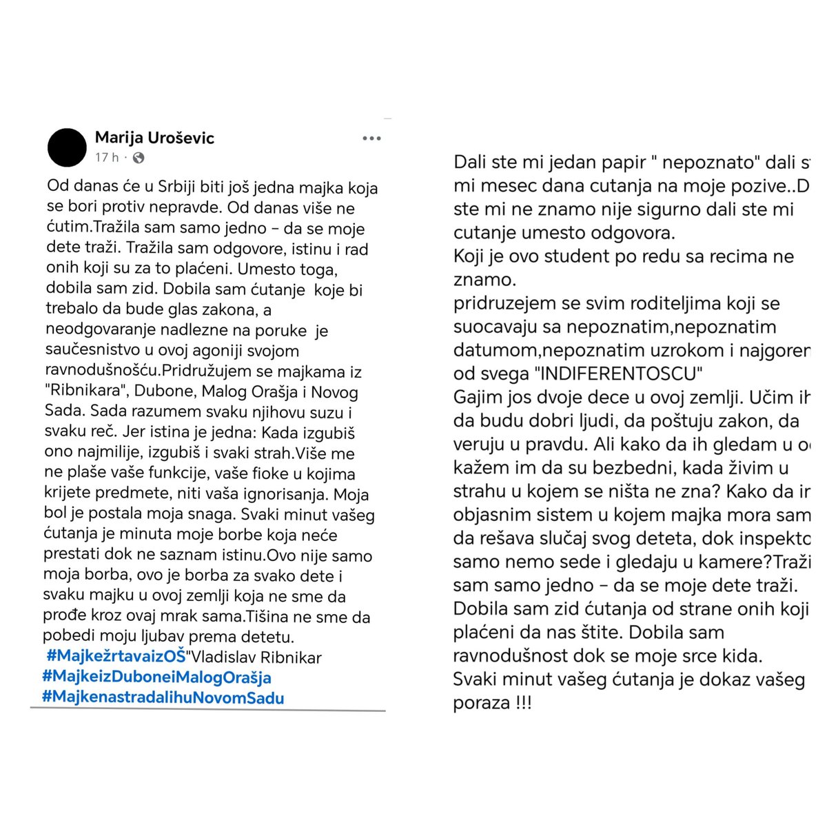 Objava majke preminulog dečka