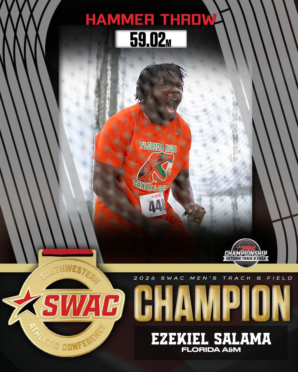 theswac's tweet photo. 🥇𝐒𝐖𝐀𝐂 𝐂𝐡𝐚𝐦𝐩𝐢𝐨𝐧🥇

Ezekiel Salama is the winner of the #SWACOTF Men’s Hammer Throw!

#SWACOTF | #BuildingChampionsForLife https://t.co/aRs0XQnkcS