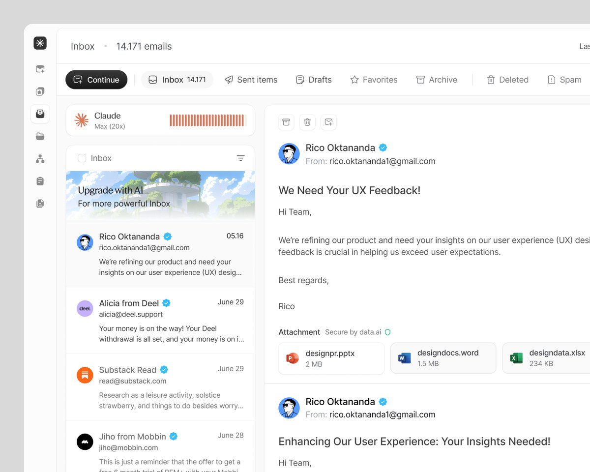 _heyrico's tweet photo. Another Claudemaxxing design for Inbox ✨ https://t.co/WKsjbQQf16