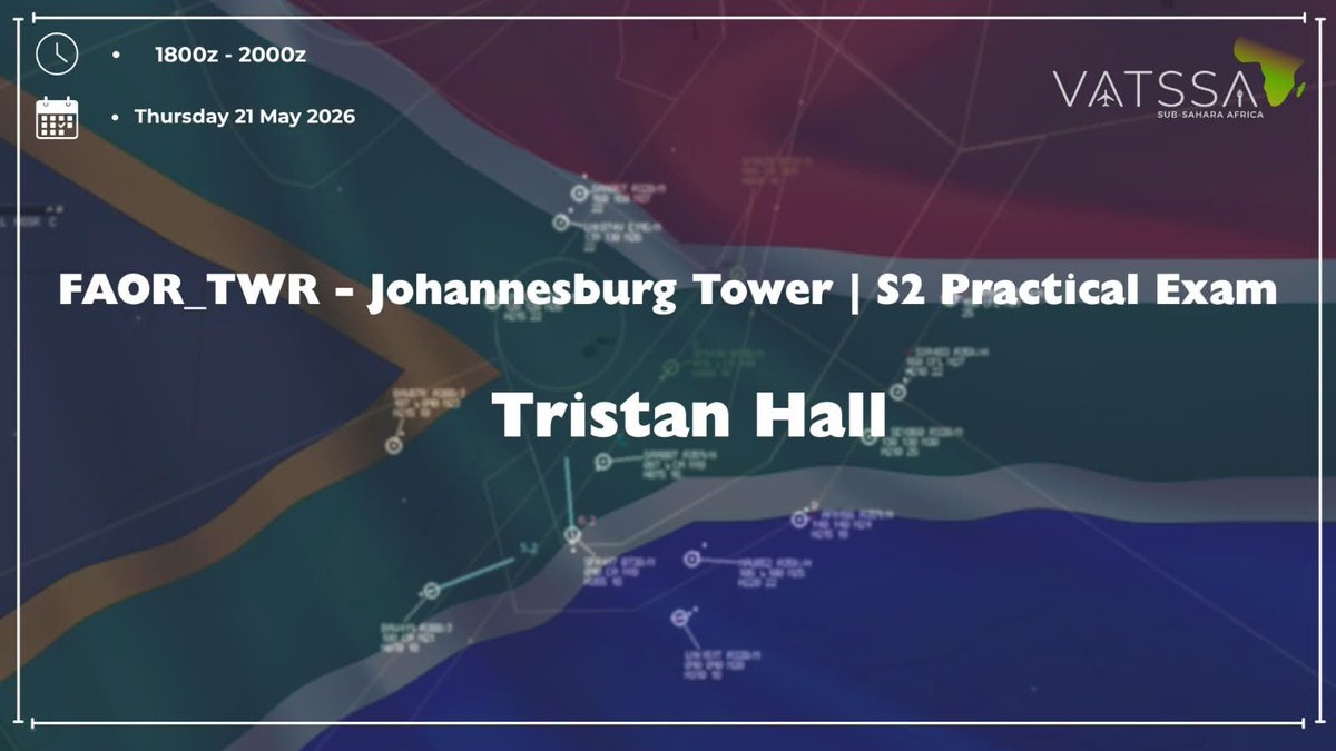 vatssacom's tweet photo. Join us on Thursday 21 May at 1800z to help Tristan with his S2 CPT on FAOR_TWR! All IFR and VFR traffic is welcome.

Good luck! https://t.co/C2kjgjbAaL