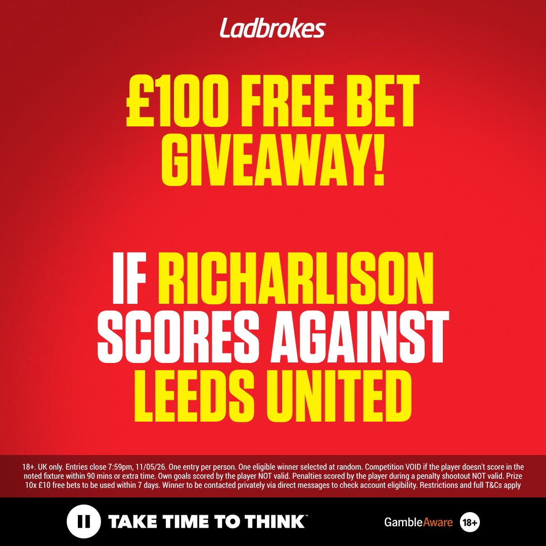 Ladbrokes's tweet photo. If Richarlison scores against Leeds United, one of YOU will win £100 in free bets 🤑

1️⃣ Reply to this post with Richarlison's shirt number for Tottenham
2️⃣ Repost and like this post
3️⃣ Follow @Ladbrokes

One eligible entrant will be selected at random and win! 🎁

Full T&amp;Cs 👇