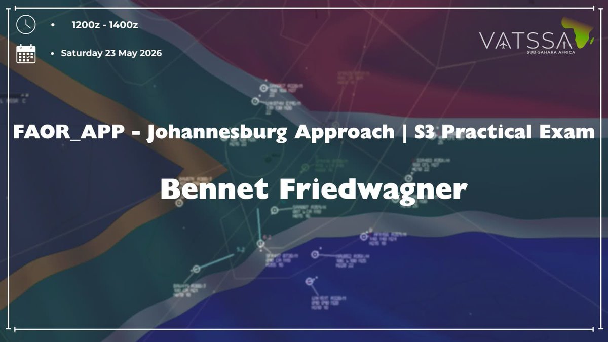 vatssacom's tweet photo. Join us on Saturday 23 May at 1200z to help Bennet with his S3 CPT on FAOR_APP! All IFR and VFR traffic is welcome.

Good luck! https://t.co/hnmN76f9sD