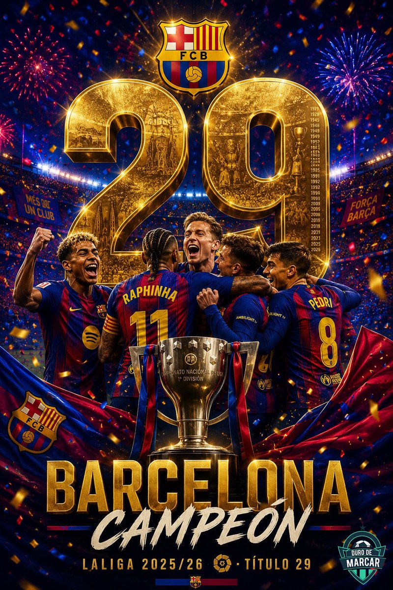 BARCELONA CAMPEÓN DE ESPAÑA🔵🔴🏆

Con la victoria de los Culés al Real Madrid, el Barcelona amplía su ventaja a 14 puntos sobre los Merengues

Los catalanes ganan su título de liga número 29 aún con 3 partidos por jugar en el torneo🌟