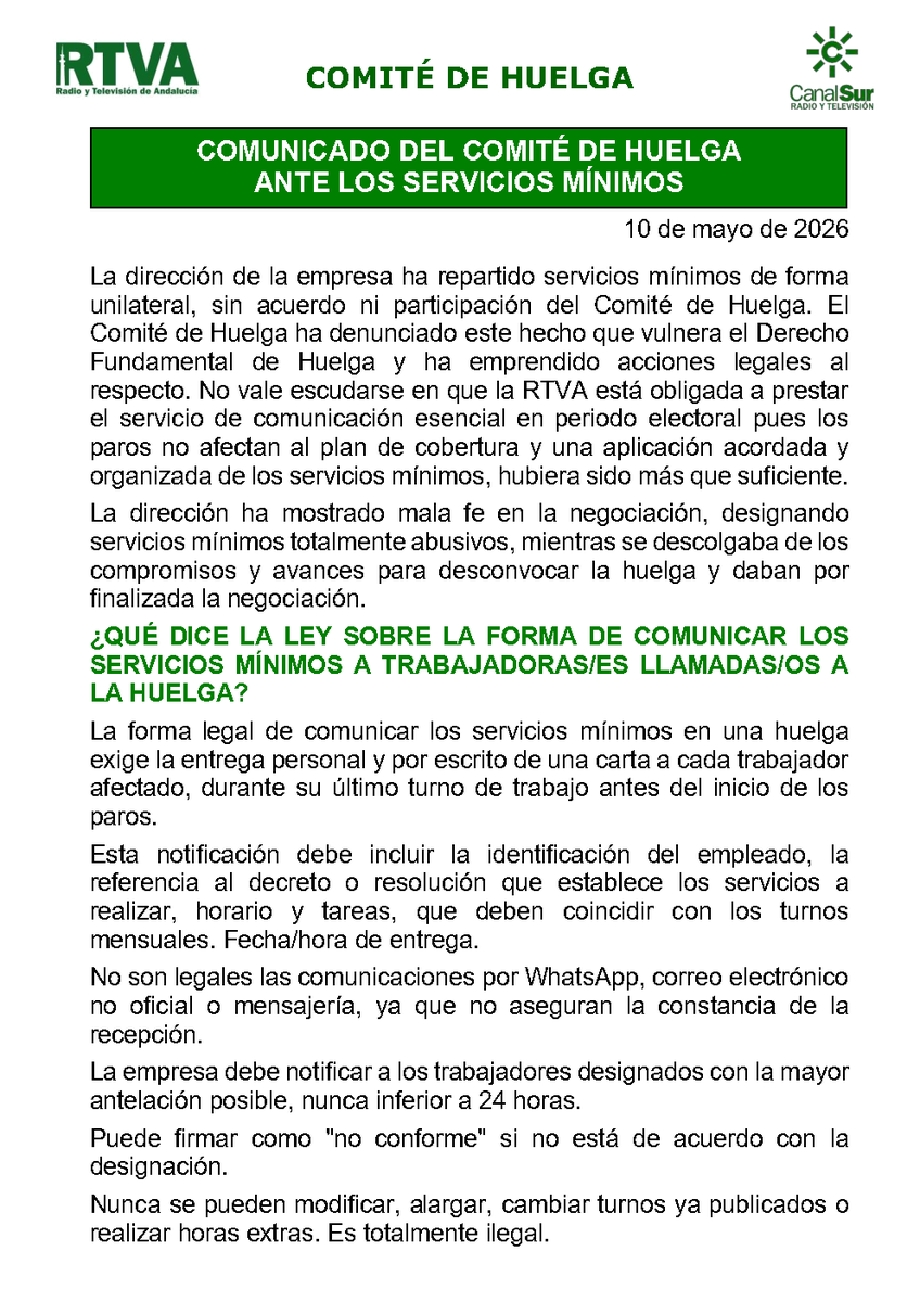 AgrupacionCS's tweet photo. Comunicado del Comité de Huelga-Servicios Mínimos.
Denuncia ante el Comité de Huelga cualquier presión o coacción, la Huelga es un ¡Derecho protegido por la Constitución Española!
🛑11 mayo (12 a 14h y 18 a 20h)
🛑12 mayo (08 a 10h y 15 a 17h)
🛑14 mayo (08 a 10h y 18 a 20h) https://t.co/woU6NOxQEB