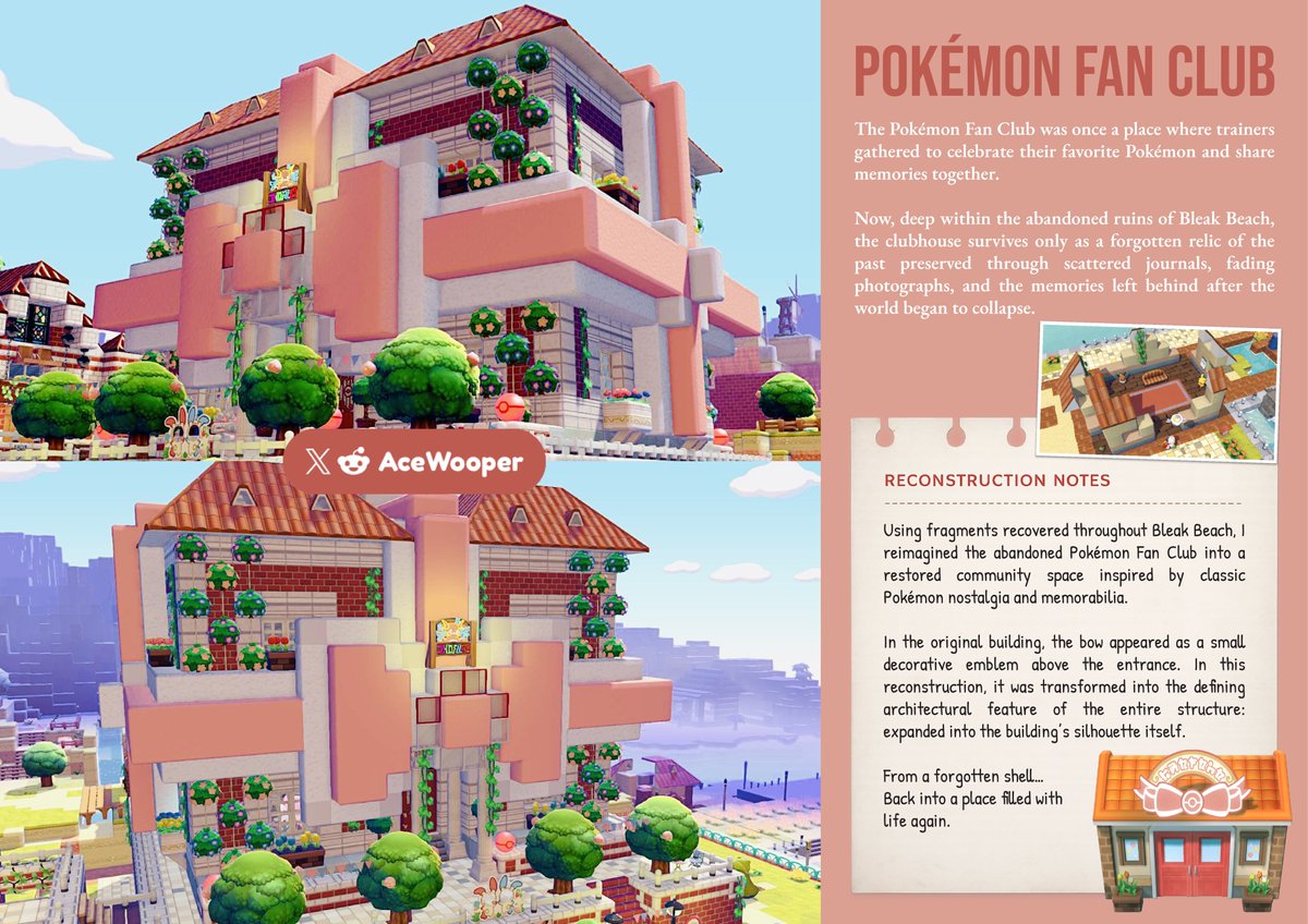 AceWooper's tweet photo. Spent the last 2 weeks reimagining the abandoned @Pokemon Fan Club from Bleak Beach in Pokopia and turning it into a fully in-universe story project.
Probably my proudest build so far 🥹
The Pikachu wall alone took an entire week to recreate.
#Pokemon #Pokopia #Pokopiabuild https://t.co/uWkiVHxbZq