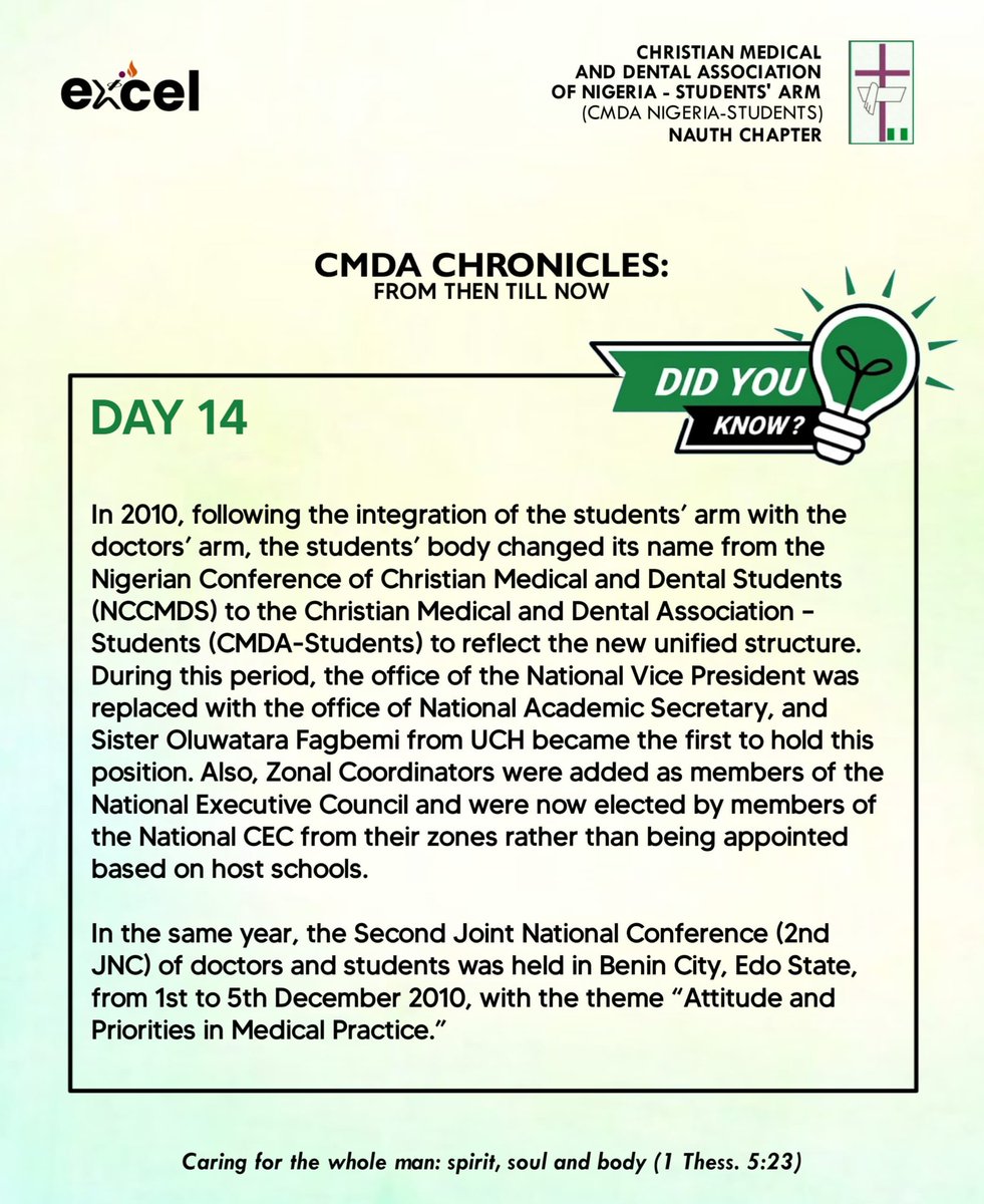 cmda_nauth's tweet photo. It's Day 14!🥳

Key Events of 2010
- NCCMDS became CMDA!
- The office of national academic secretary was formed and became part of NEC.

#CMDAChronicles: From Then Till Now https://t.co/FNpE0me5EM