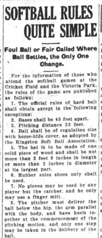 YGKBaseball's tweet photo. Kingston Softball Association Rules, 1926

Rule 7.  
No gloves may be used by any player but the catcher and he only may use a finger mitt.

From the Daily British Whig, May 12, 1926
#ygk https://t.co/DihRQczx5S