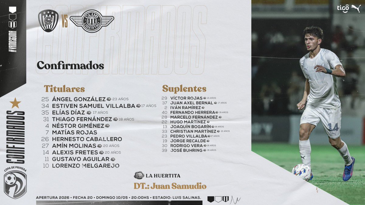 📝 ✔️¡Equipo confirmado!

El onceno de #LIBERTAD para enfrentar a Spvo. Luqueño.

🏠✅ 8 jugadores de 11 productos de La Huertita. 

#VamosGUMA
#AperturaAPF2026