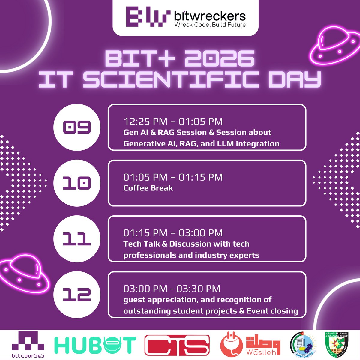 Bitwreckers's tweet photo. BIT+ | اليوم العلمي

bitwreckers بتنظيم من
حين تلتقي الفكرة بالإبداع، يولد شيء مختلف… وهذا ما نصنعه في BIT+ 🚀

يوم علمي يتجاوز المفهوم التقليدي للفعالية، لنقدّم مساحة حيّة تجمع بين التقنية، الابتكار، وريادة الأفكار، حيث يتحول الطلاب من متلقّين للمعرفة إلى صُنّاع لها. https://t.co/dvISlIVKcS