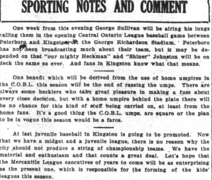 YGKBaseball's tweet photo. Sporting Notes
From the Daily British Whig, May 12, 1926  

"Its a certainty that there will be no lack of baseball in Kingston this summer with ladies and men's softball leagues in action, the Mercantile, Midget, Juvenile, Junior City League and C.O.B.L games being played." https://t.co/OjgywvXyIN
