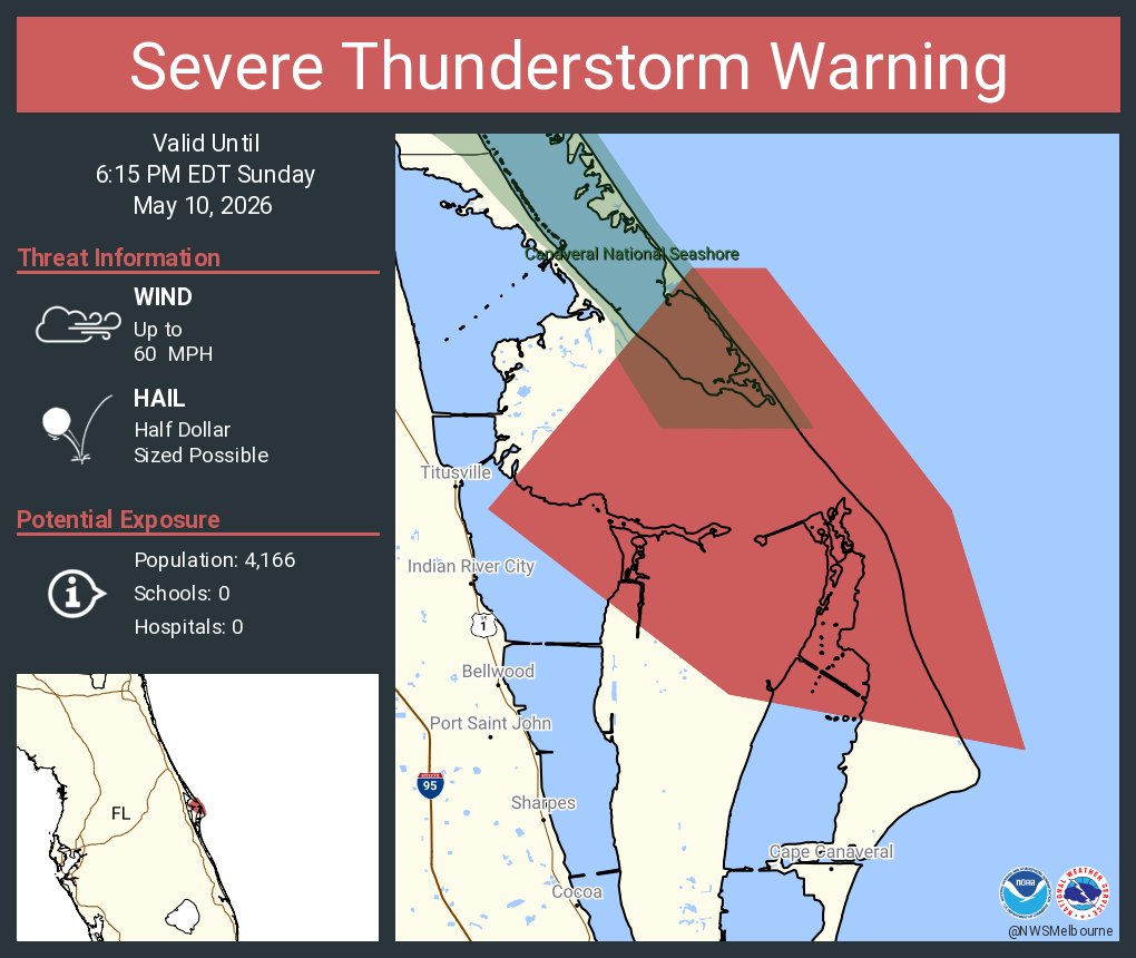 Severe Thunderstorm Warning continues for Brevard County, FL until 6:15 ...
