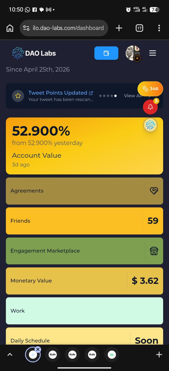 Hope4aggi's tweet photo. In just 15 days @DAOLabs, I’ve achieved 52.9% Account Value and built a network of 59 active friends — far stronger early momentum than most Web3 projects I’ve joined.
Real community and rewards through Social Mining.
#SocialMining @TheDAOLabs https://t.co/W3hnxA0cKo