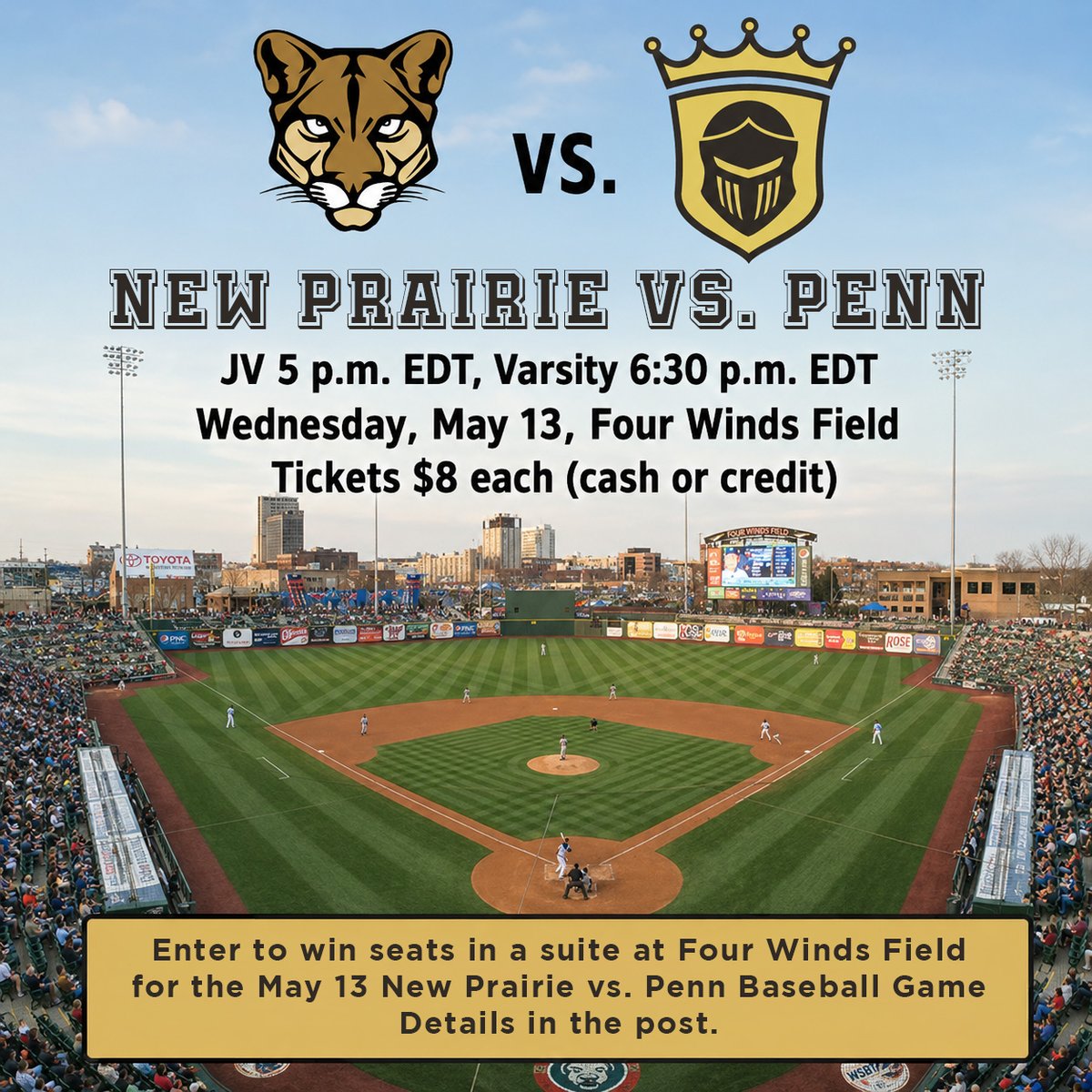 The_Pennant's tweet photo. Enter to win a Suite for Penn vs. New Prairie Baseball at Four Winds Field, Wed., May 13 !!!!
For a chance to win a suite, share a #GoPENN comment in the original post (Thursday, May 7, 2026). Winner announced Monday, May 11.
Visit the URL for details: https://t.co/W9Udu3mqXC https://t.co/X4wji4p68u
