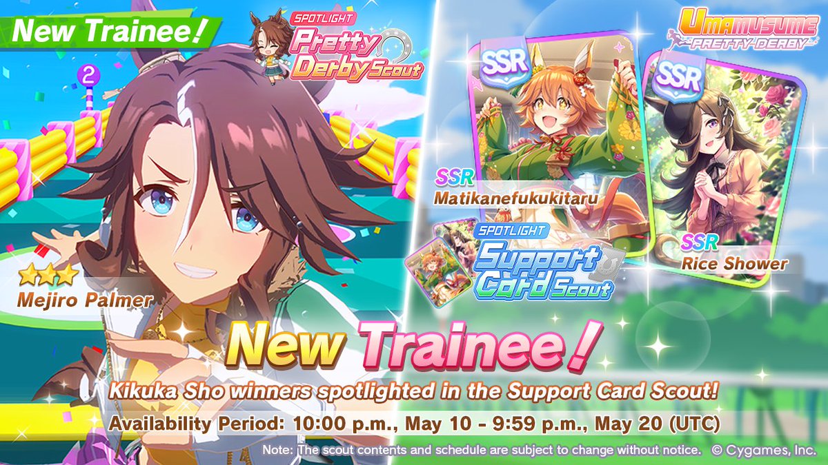 umamusume_eng's tweet photo. A New Pretty Derby Scout and Support Card Scouts have arrived!

New Trainee:
3★ Mejiro Palmer

New Support Cards:
Kikuka Sho winners spotlighted!
SSR Matikanefukukitaru
SSR Rice Shower

#Umamusume https://t.co/5e8J6oi4Hx