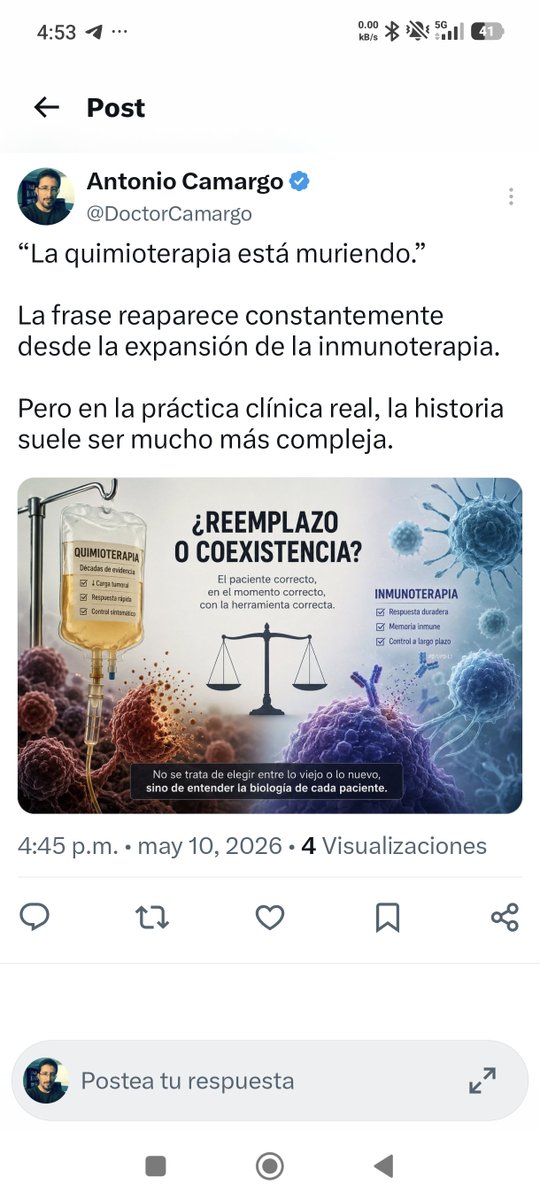DoctorCamargo's tweet photo. ¿La inmunoterapia reemplazará realmente a la quimioterapia?

La discusión aparece constantemente en oncología moderna.

Pero frente al paciente real, las respuestas suelen ser mucho menos simples. https://t.co/7kLJ5huzyz
